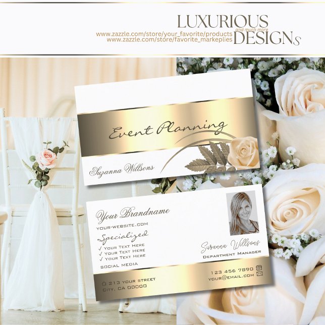 White Gold Decor Cute Rose Flower with Photo Business Card (Creator Uploaded)