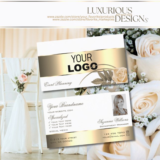 White Gold Decor Rose Flower with Logo and Photo Business Card (Creator Uploaded)