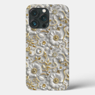 White Gold Decorative 3D Flora Floral  iPhone 13 Pro Case