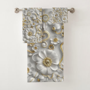 White Gold Decorative 3D Floral Bath Towel Set