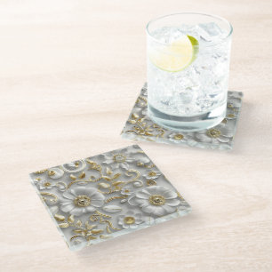 White Gold Decorative 3D Floral Elegant Glass Coaster