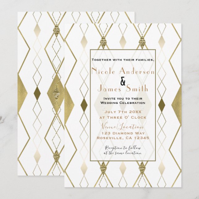 White & Gold Diamond Glamour Modern Classy Wedding Invitation (Front/Back)