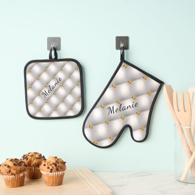 White Gold Diamond Tufted Custom Name Personalised Oven Mitt & Pot Holder Set (Insitu(Hanging))