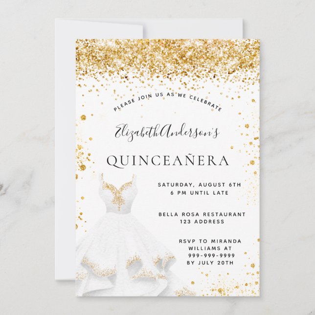 White gold dress glitter Quinceanera Invitation (Front)