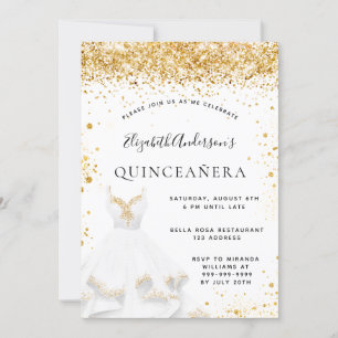 White gold dress glitter Quinceanera Invitation