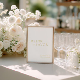 White & Gold Drink & Savour Wedding Bar Sign
