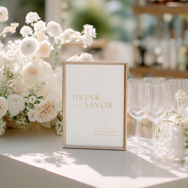 White & Gold Drink & Savour Wedding Bar Sign (White & Gold Drink & Savor Wedding Bar Sign Foil)