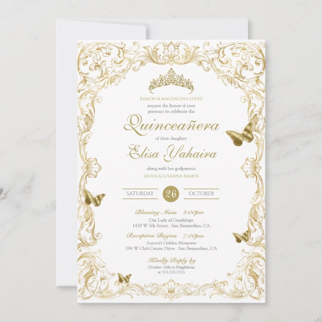 White Gold Elegant Baroque Regal Quinceanera Invitation (Front)