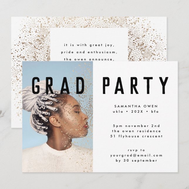 White Gold Elegant Botanicals Grad Photo Party Invitation (Front/Back)