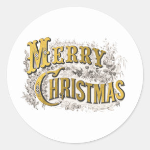 White Gold Elegant Merry Christmas Rustic Vintage  Classic Round Sticker