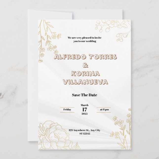 White & Gold Elegant Wedding Invitation Potrait (Front)