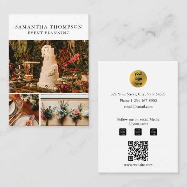 White & Gold Event Planning & Entertainment Photo Business Card (Front/Back)