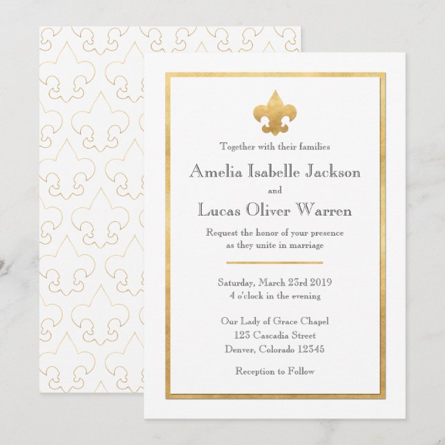 White & Gold Fleur De Lis Wedding Invitation (Front/Back)