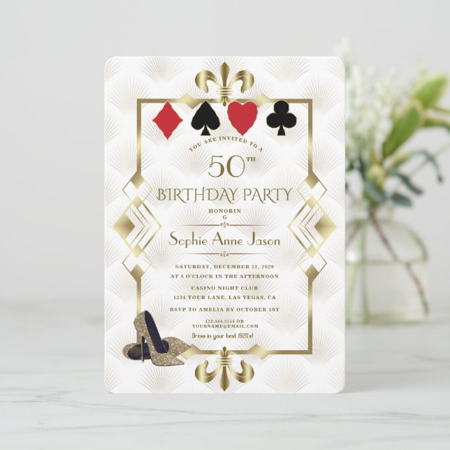 White Gold Fleur-deLis Casino Vegas Poker Birthday Invitation (Standing Front)