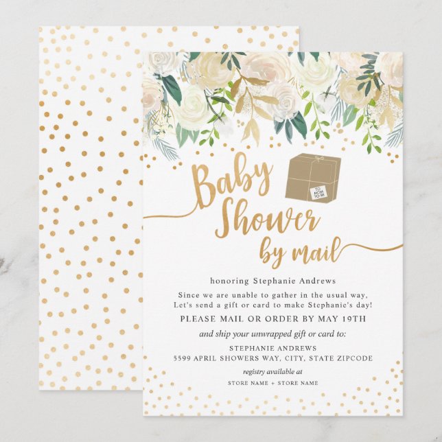 White Gold Floral Baby Shower by mail Invitation (Front/Back)