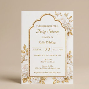 White & Gold Floral Baby Shower Invitation