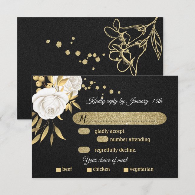 white gold floral black meal choice  RSVP card (Front/Back)