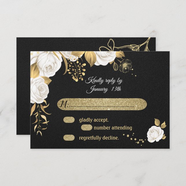 white gold floral black  RSVP card (Front/Back)