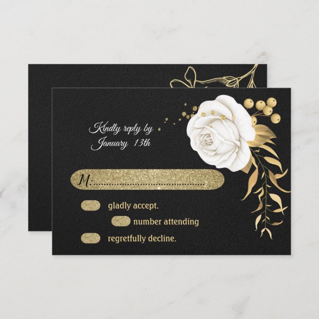 white gold floral black  RSVP card (Front/Back)