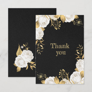 white gold floral black thank you card