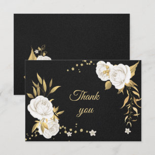 white gold floral black thank you card