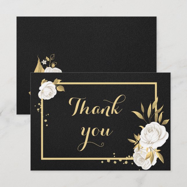 white gold floral black thank you card (Front/Back)