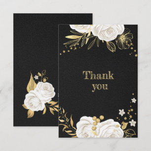 white gold floral black thank you card