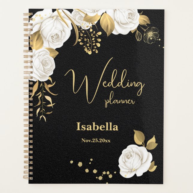 white gold floral black wedding  planner (Front)