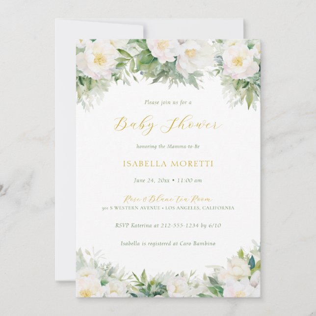 White & Gold Floral Books for Baby Baby Shower Invitation (Front)