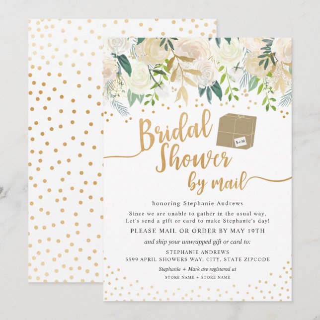 White Gold Floral Bridal Shower by mail Invitation (Front/Back)