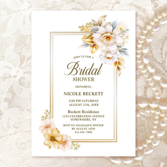 White Gold Floral Bridal Shower Invitation (Creator Uploaded)
