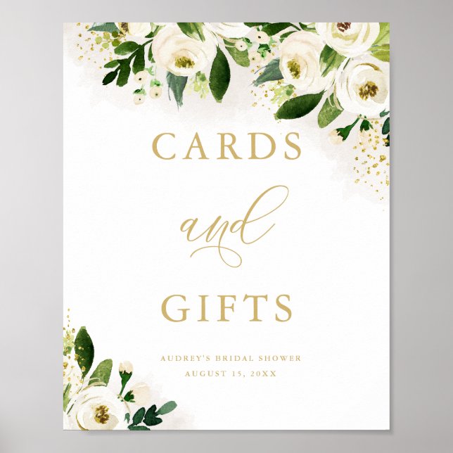White Gold Floral Cards and Gifts Shower Poster (Front)