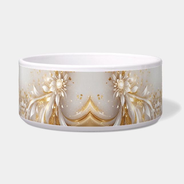 White Gold Floral Ceramic Pet Bowl (Front)