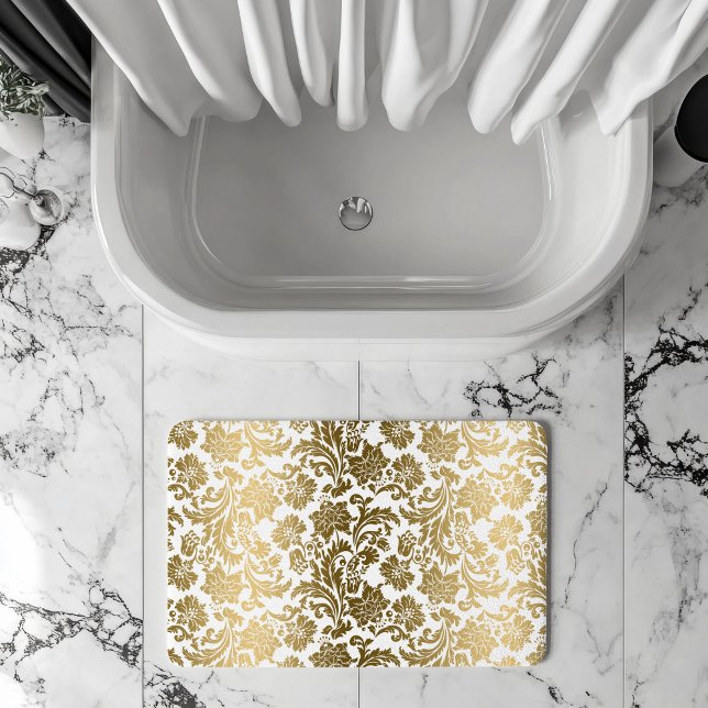 White & Gold Floral Damasks Pattern Bath Mat (Creator Uploaded)