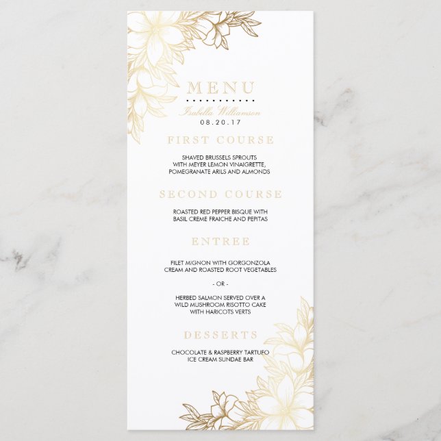 White & Gold Floral Engagement Party Menu (Front)