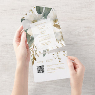 White & Gold Floral Foliage Watercolor Wedding All In One Invitation