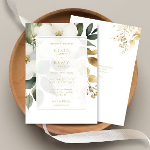 White & Gold Floral Foliage Watercolor Wedding In Invitation