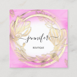  White Gold Floral Frame QRCode Logo Pink  Square Business Card