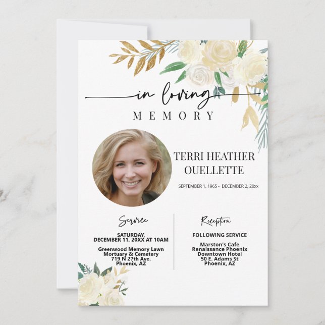 White Gold Floral Funeral Memorial Service Photo Invitation (Front)