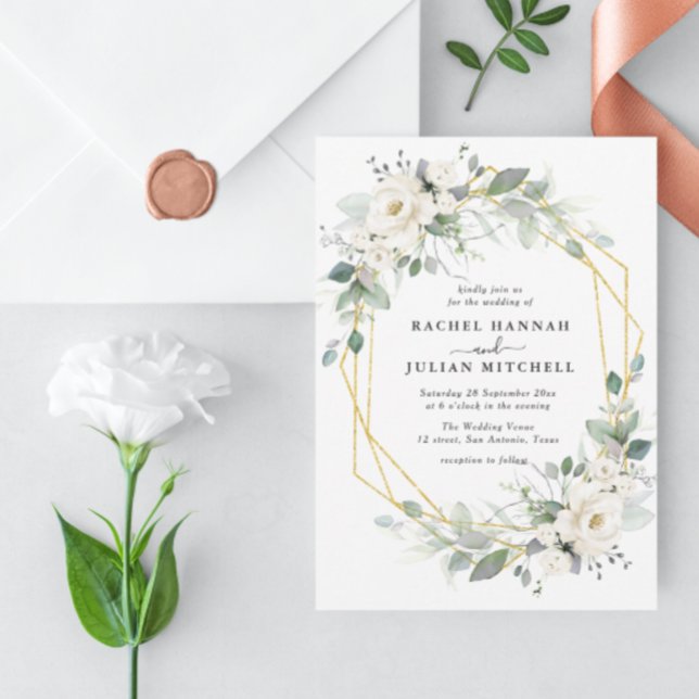 White & gold floral geometric wedding invitation (Creator Uploaded)