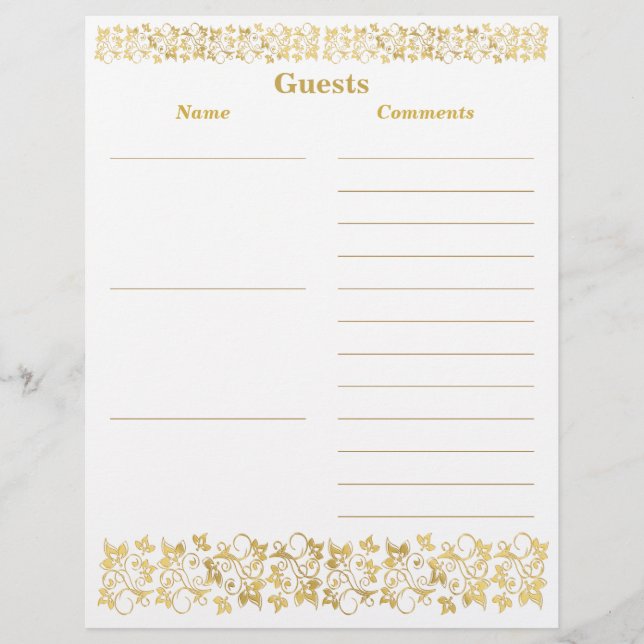 White, Gold Floral Guest Book Paper (Front)