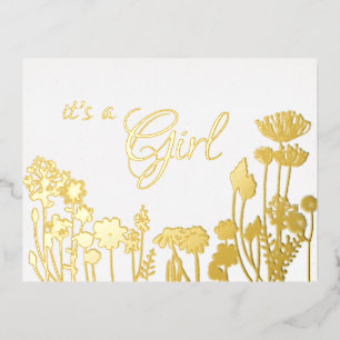 White   Gold Floral it's a Girl Birth Announcement
