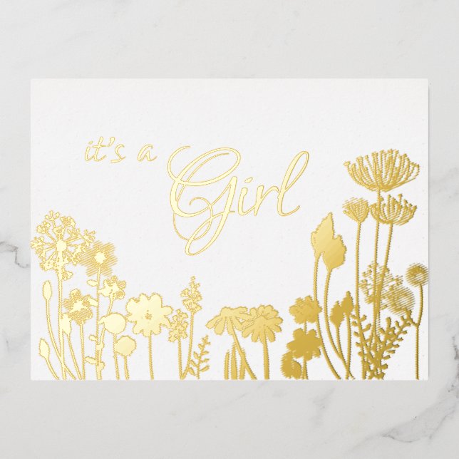 White | Gold Floral it's a Girl Birth Announcement (Front)