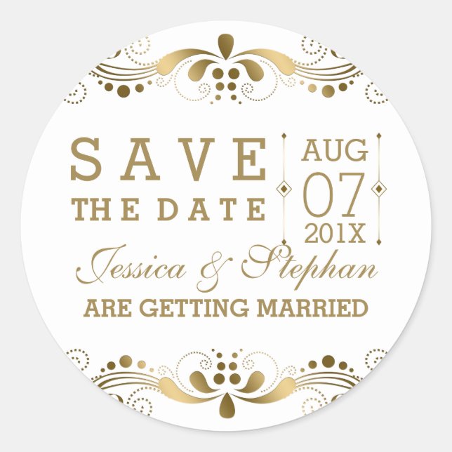 White & Gold Floral Lace Save The Date Classic Round Sticker (Front)