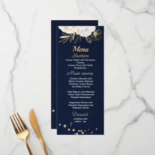 white gold floral navy blue menu