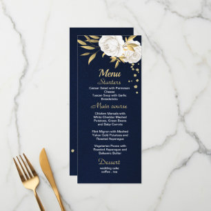 white gold floral navy blue menu