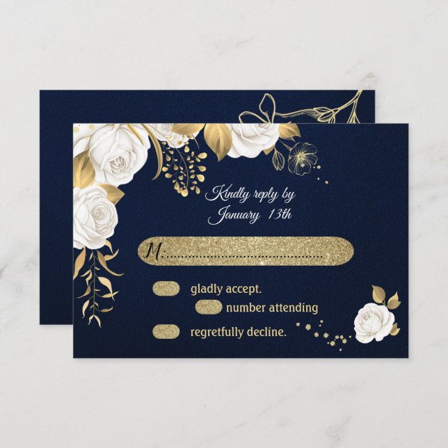 white gold floral navy blue RSVP card (Front/Back)