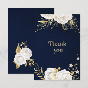 white gold floral navy blue thank you card