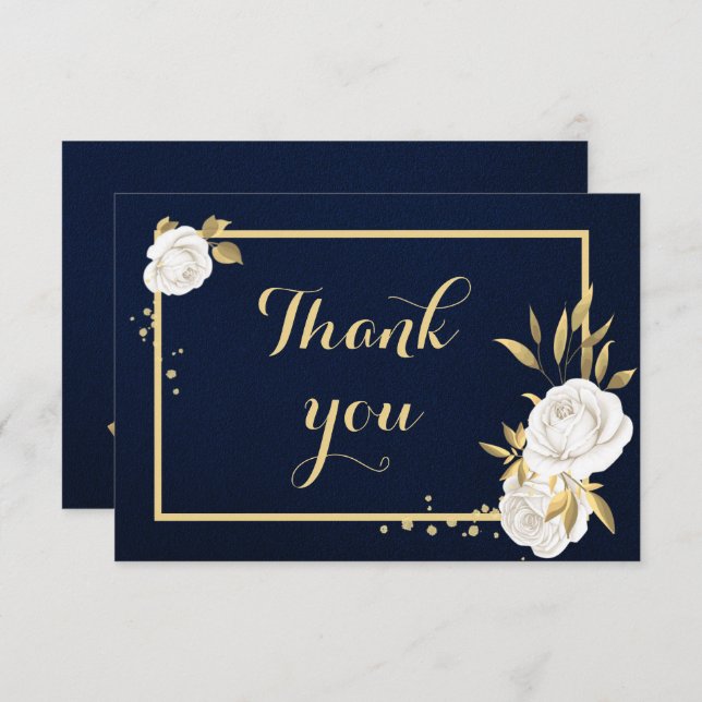 white gold floral navy blue thank you card (Front/Back)