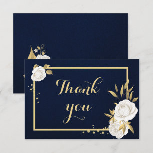 white gold floral navy blue thank you card